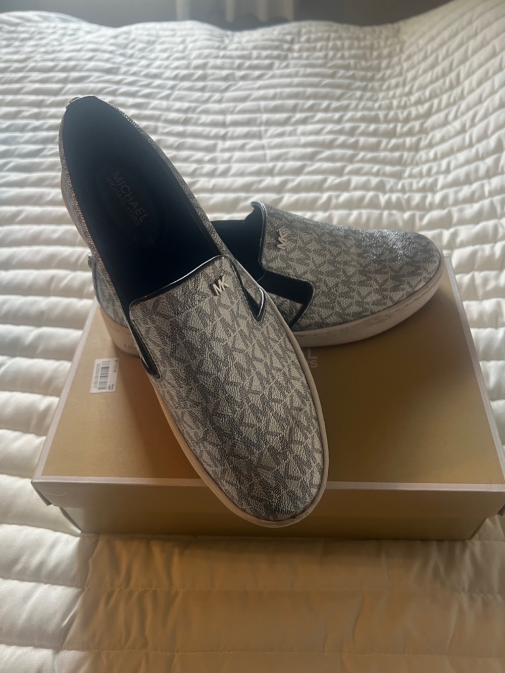 Michael Kors Women’s Slip-On Loafers in Silver and Gray MK Monogram